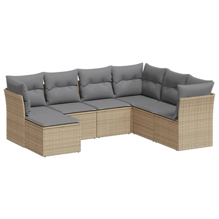 Matgrupp för trädgården med dynor 7 delar beige konstrotting