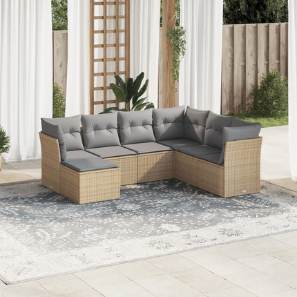 Matgrupp för trädgården med dynor 7 delar beige konstrotting