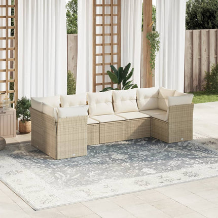 Matgrupp för trädgården med dynor 7 delar beige konstrotting