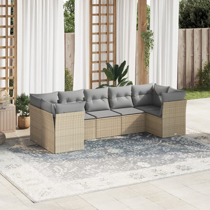 Matgrupp för trädgården med dynor 7 delar beige konstrotting