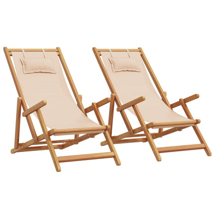 Hopfällbara solstolar 2 st beige tyg och massivt trä