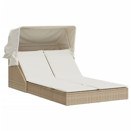 Dubbel solsäng med tak och dynor beige konstrotting