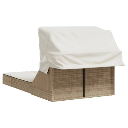 Dubbel solsäng med tak och dynor beige konstrotting