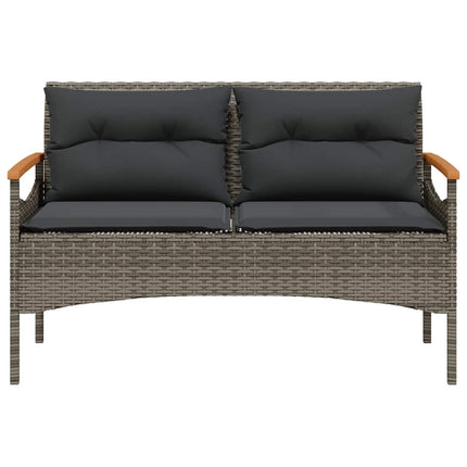 Trädgårdsbänk med dynor 116x62,5x74 cm grå konstrotting