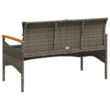 Trädgårdsbänk med dynor 116x62,5x74 cm grå konstrotting