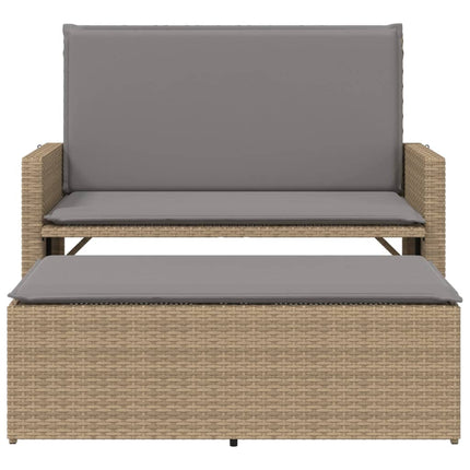Trädgårdsbänk med dynor och fotpall beige konstrotting