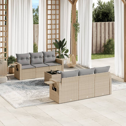 Matgrupp för trädgården med dynor 7 delar beige konstrotting