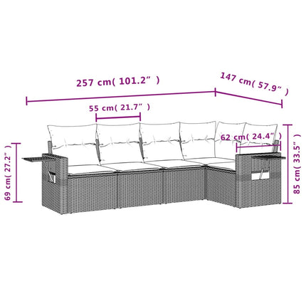 5 delar trädgårdssoffgrupp med dynor grå polyrotting