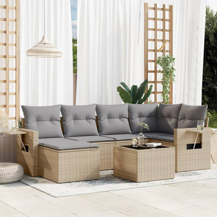 Matgrupp för trädgården med dynor 7 delar beige konstrotting
