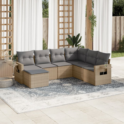 Matgrupp för trädgården med dynor 7 delar beige konstrotting