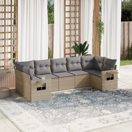 Matgrupp för trädgården med dynor 7 delar beige konstrotting