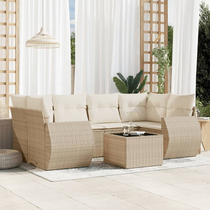 Matgrupp för trädgården med dynor 7 delar beige konstrotting