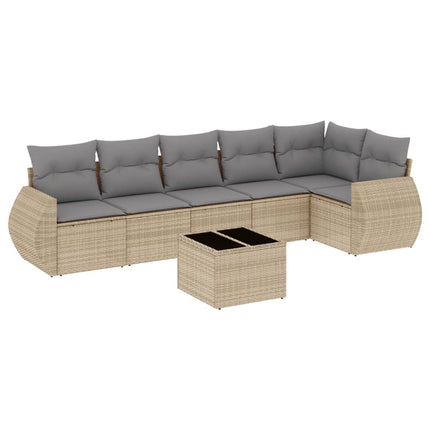 Matgrupp för trädgården med dynor 7 delar beige konstrotting