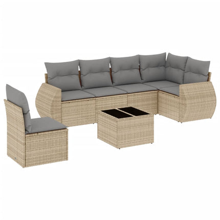 Matgrupp för trädgården med dynor 7 delar beige konstrotting