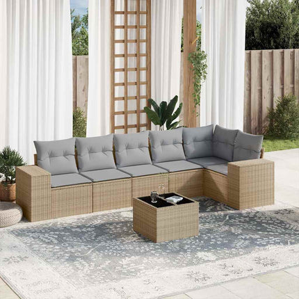 Matgrupp för trädgården med dynor 7 delar beige konstrotting