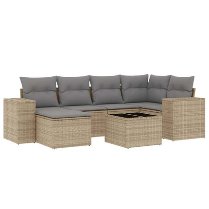 Matgrupp för trädgården med dynor 7 delar beige konstrotting