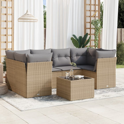 Matgrupp för trädgården med dynor 7 delar beige konstrotting