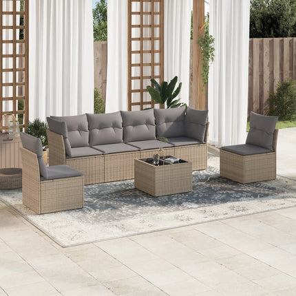 Matgrupp för trädgården med dynor 7 delar beige konstrotting