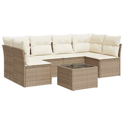 Matgrupp för trädgården med dynor 7 delar beige konstrotting