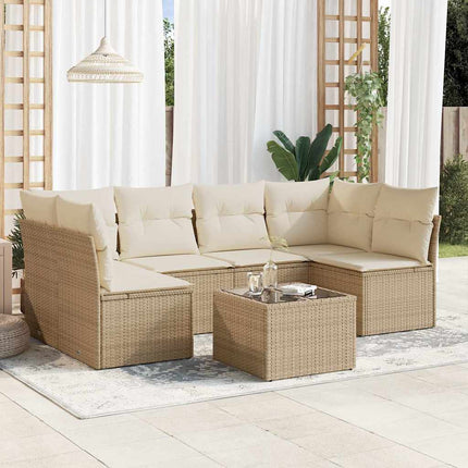 Matgrupp för trädgården med dynor 7 delar beige konstrotting