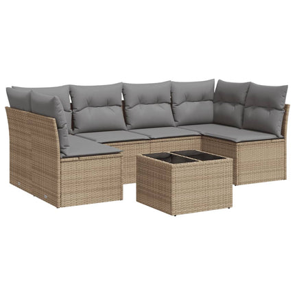 Matgrupp för trädgården med dynor 7 delar beige konstrotting