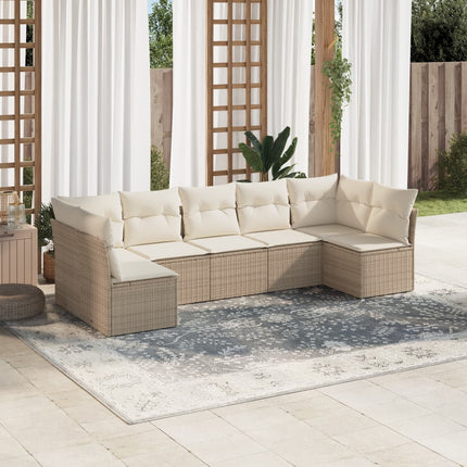 Matgrupp för trädgården med dynor 7 delar beige konstrotting