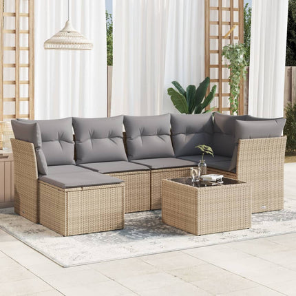 Matgrupp för trädgården med dynor 7 delar beige konstrotting