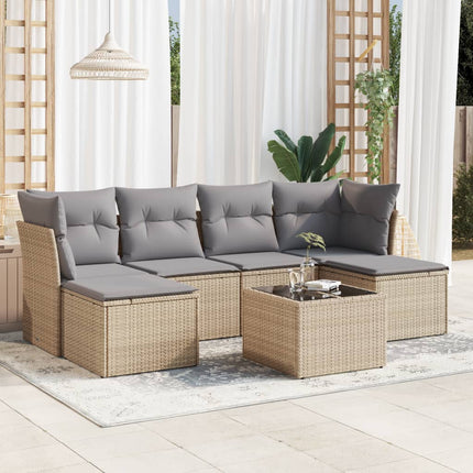 Matgrupp för trädgården med dynor 7 delar beige konstrotting