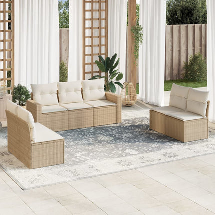 Matgrupp för trädgården med dynor 7 delar beige konstrotting