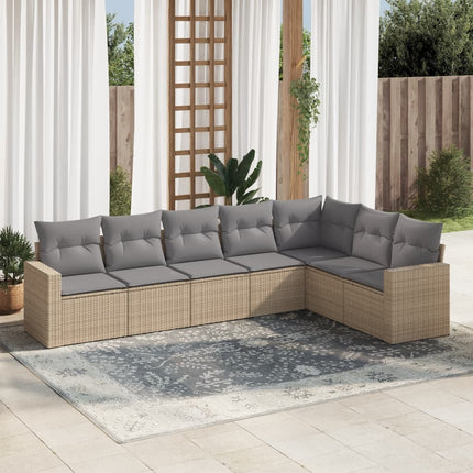 Matgrupp för trädgården med dynor 7 delar beige konstrotting