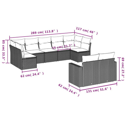 Loungegrupp för trädgården m dynor 9 delar svart konstrottning
