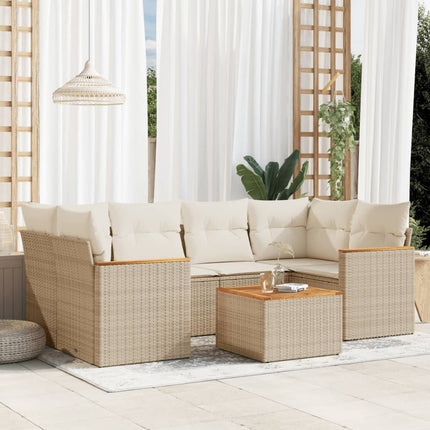 Matgrupp för trädgården med dynor 7 delar beige konstrotting
