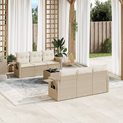 Matgrupp för trädgården med dynor 7 delar beige konstrotting