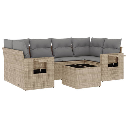 Matgrupp för trädgården med dynor 7 delar beige konstrotting
