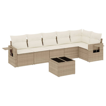 Matgrupp för trädgården med dynor 7 delar beige konstrotting