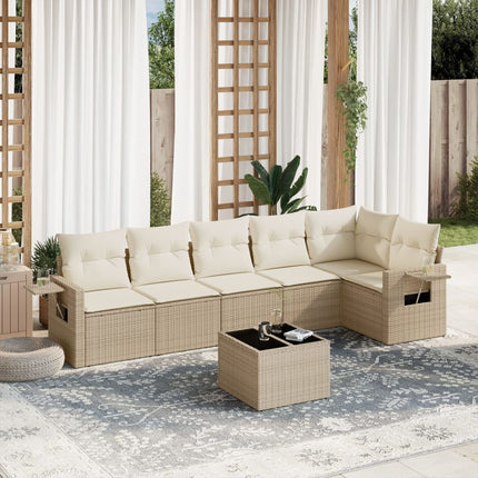 Matgrupp för trädgården med dynor 7 delar beige konstrotting
