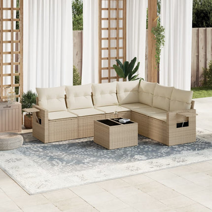 Matgrupp för trädgården med dynor 7 delar beige konstrotting