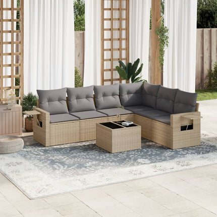 Matgrupp för trädgården med dynor 7 delar beige konstrotting