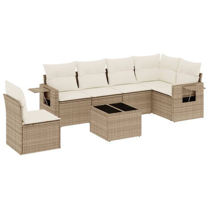 Matgrupp för trädgården med dynor 7 delar beige konstrotting
