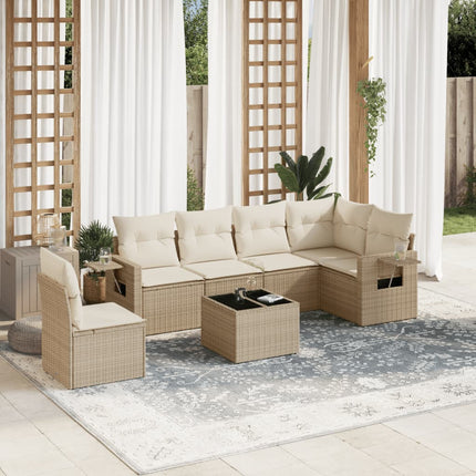 Matgrupp för trädgården med dynor 7 delar beige konstrotting
