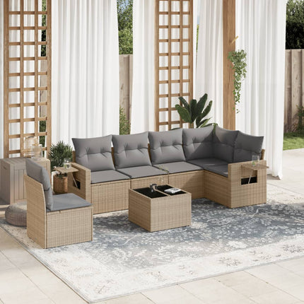 Matgrupp för trädgården med dynor 7 delar beige konstrotting