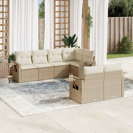 Matgrupp för trädgården med dynor 7 delar beige konstrotting