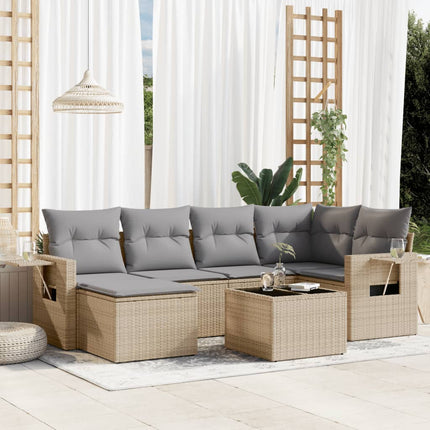 Matgrupp för trädgården med dynor 7 delar beige konstrotting