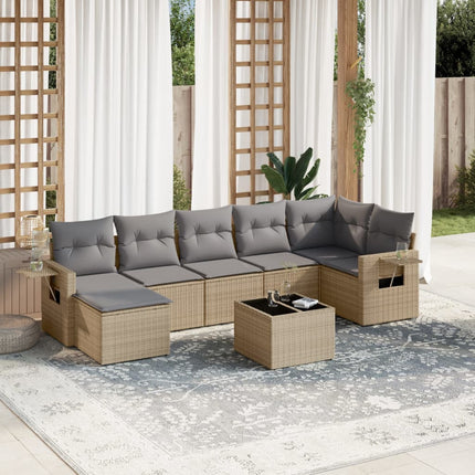 Matgrupp för trädgården med dynor 8 delar beige konstrotting