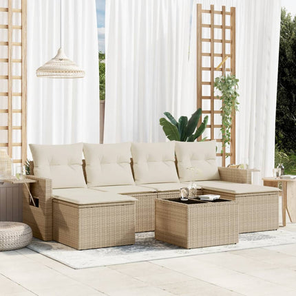Matgrupp för trädgården med dynor 7 delar beige konstrotting