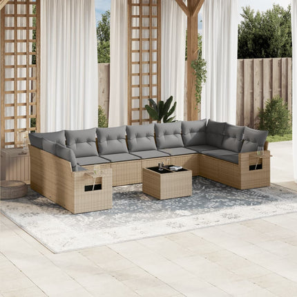 Loungegrupp för trädgården m. dynor 11 delar beige konstrotting
