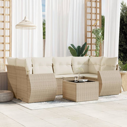 Matgrupp för trädgården med dynor 7 delar beige konstrotting