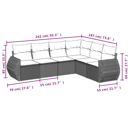 Loungegrupp för trädgården med dynor 6 delar grå konstrotting