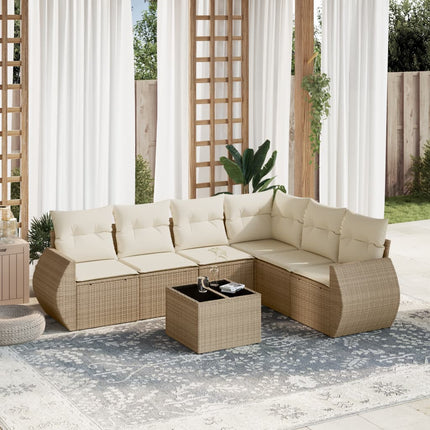 Matgrupp för trädgården med dynor 7 delar beige konstrotting