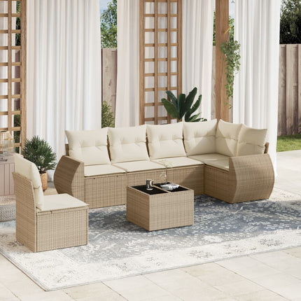 Matgrupp för trädgården med dynor 7 delar beige konstrotting